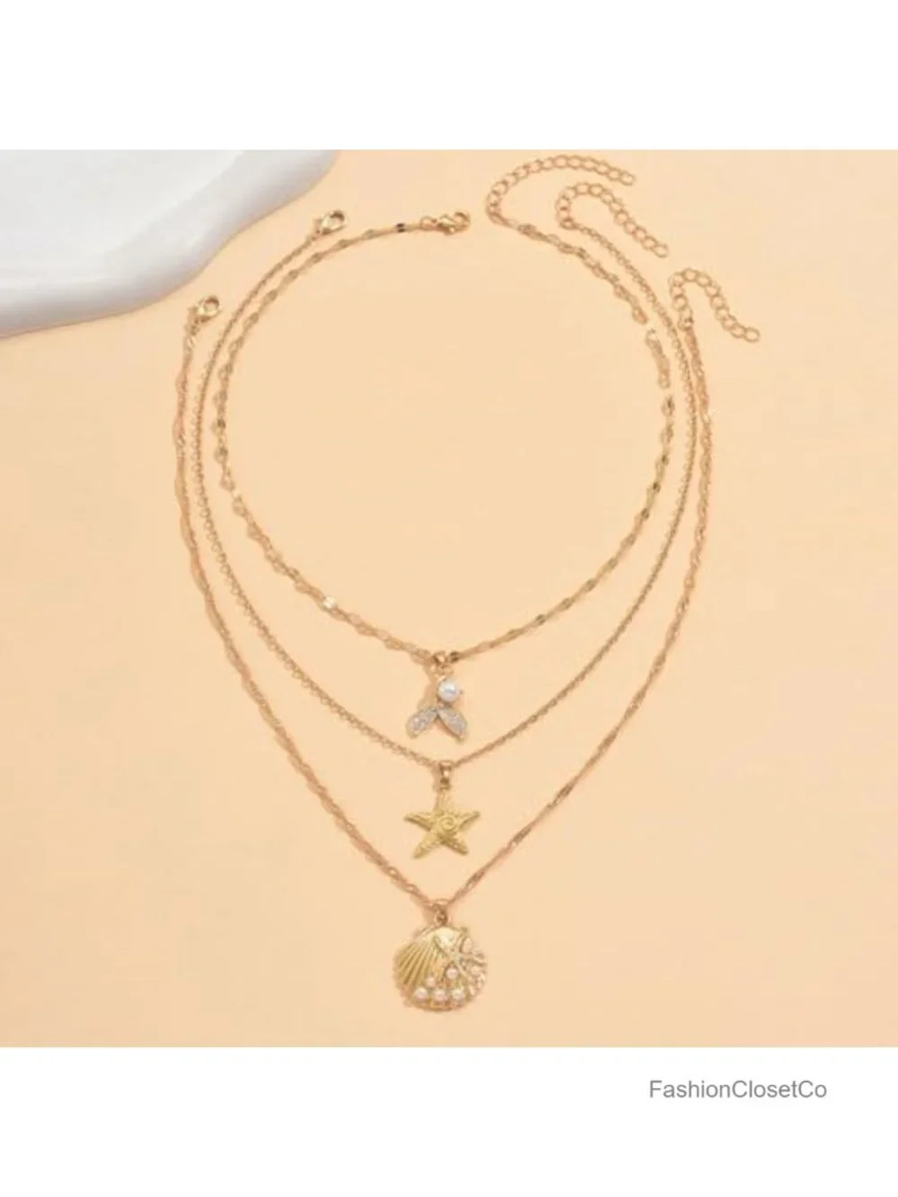 Layered Starfish Necklace for Women, Boho Shell Pearl Pendant, Summer Beach